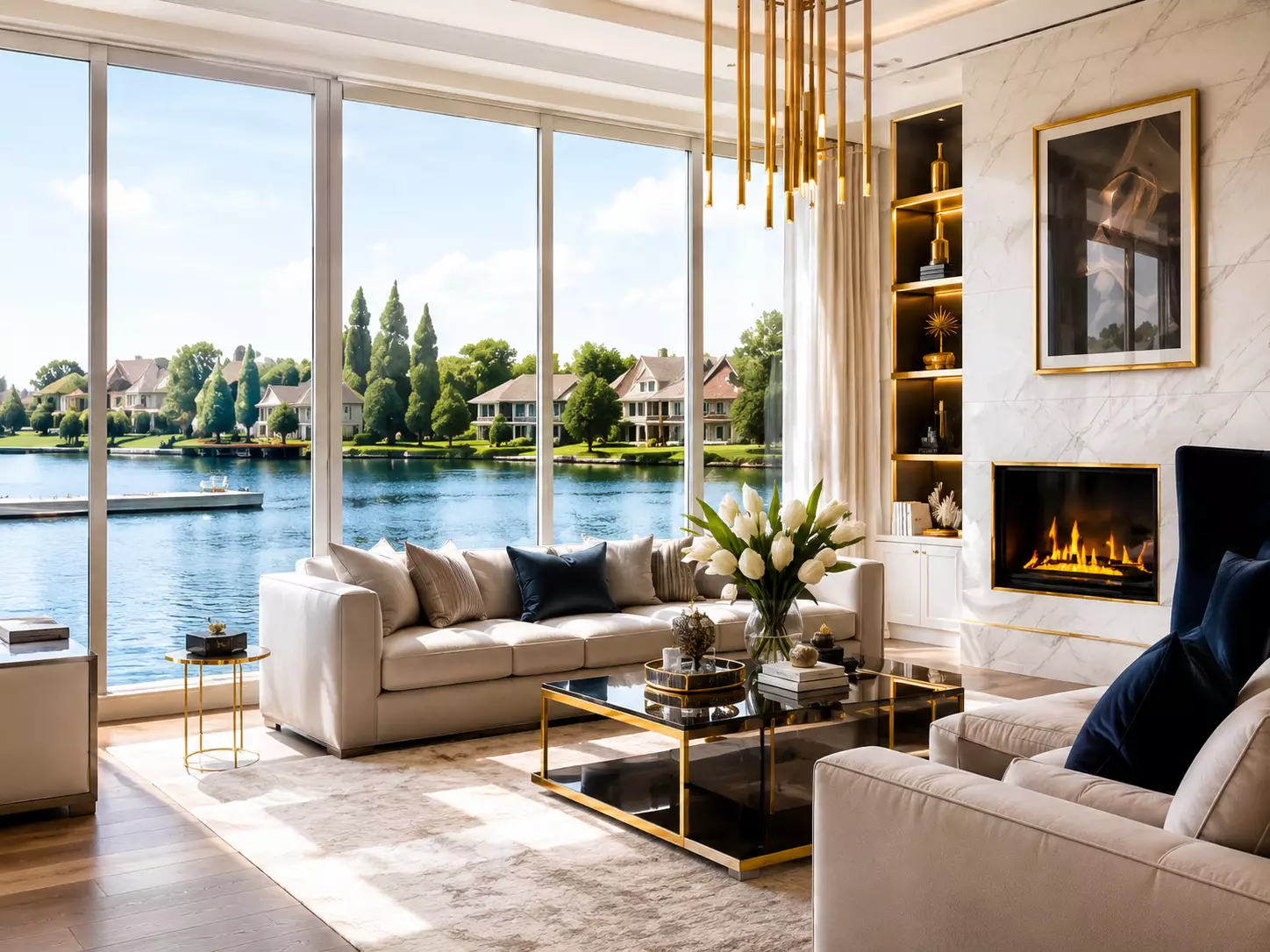 Luxury living room with lake view